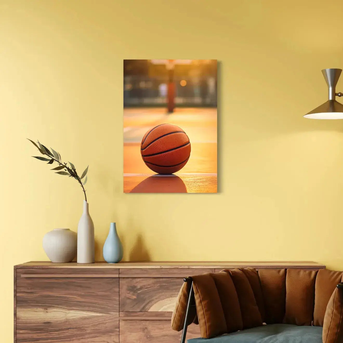 Full view of the court, focused basketball with blurred hoop pole background, 12 x 16 (Copy).