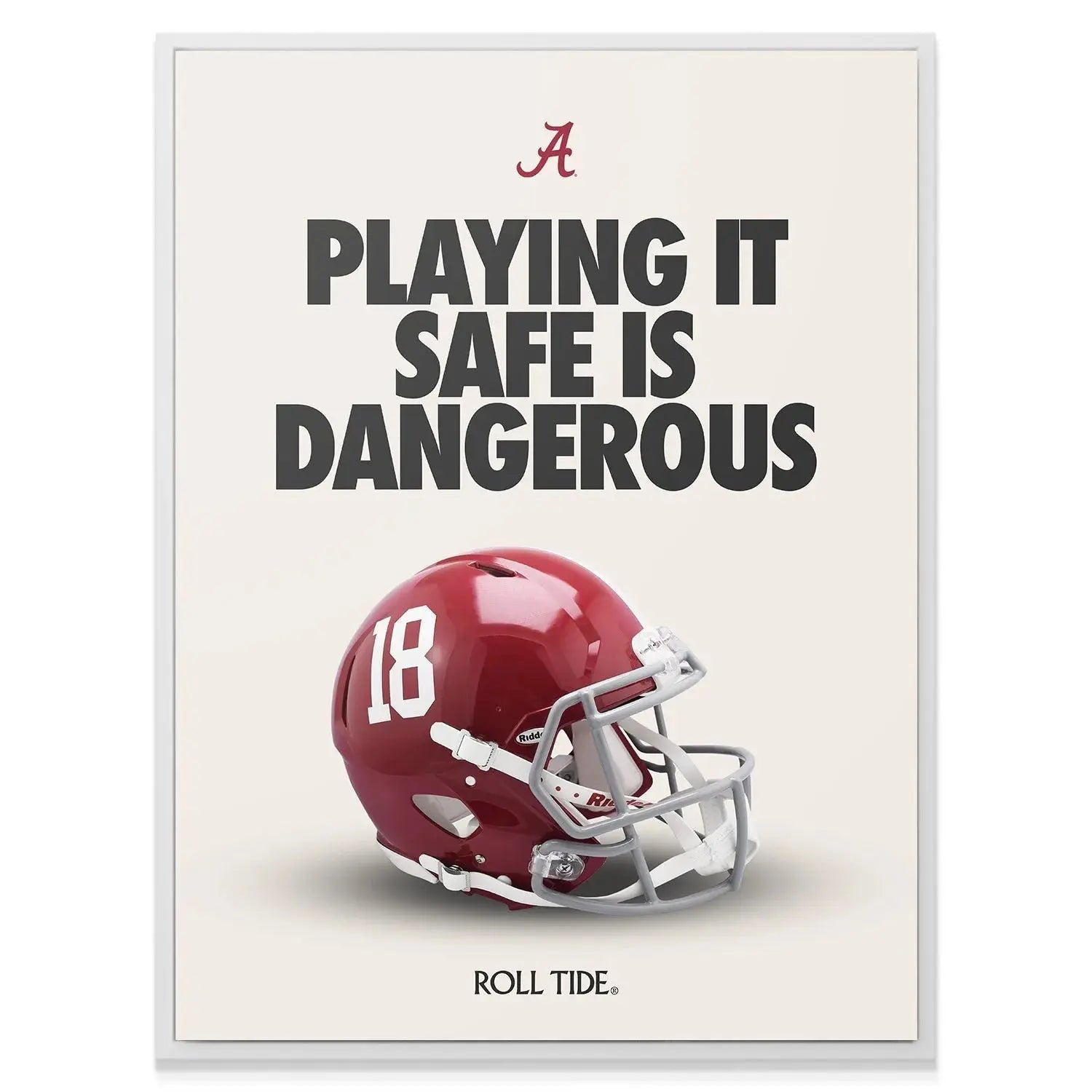 A lifestyle shot showing the framed 'Alabama - Playing It Safe' poster hanging above a dark leather couch in a modern fan room.