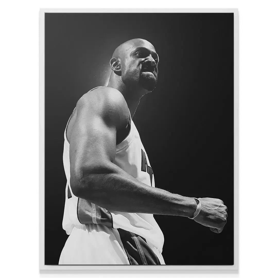 Textured canvas depiction of Alonzo Mourning - #1 celebrating a major play in his jersey.