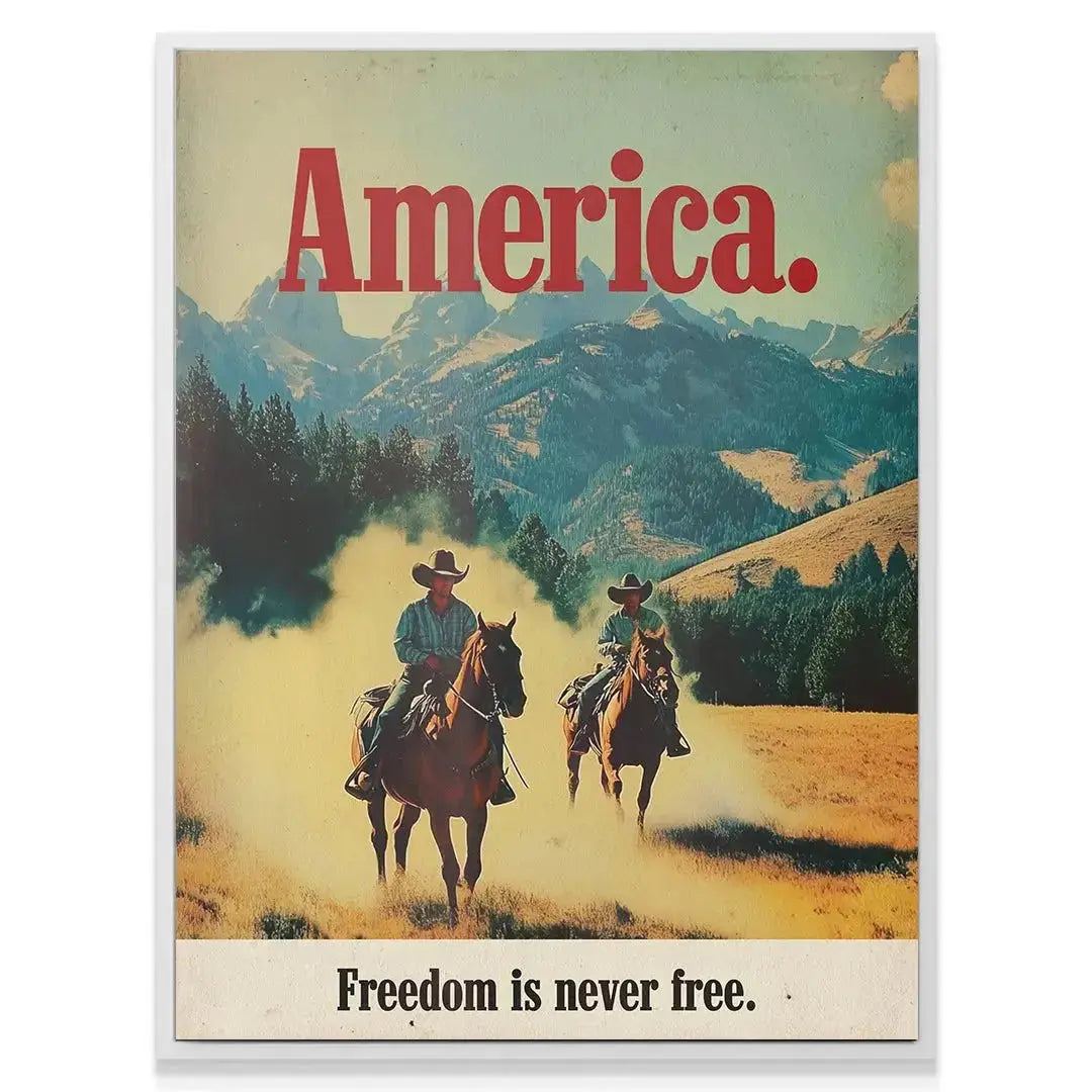 Lifestyle shot showing America Marlboro - Ad 5 hanging above a leather couch in a rustic room setting.