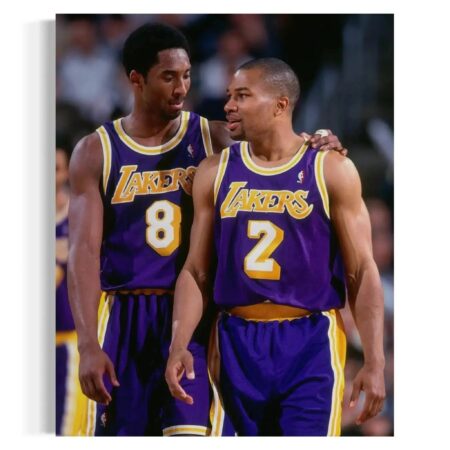 Full vertical shot of young Kobe Bryant (#8) and teammate (#2) in vintage Lakers jerseys, detailed Artwork of kobe bryant.