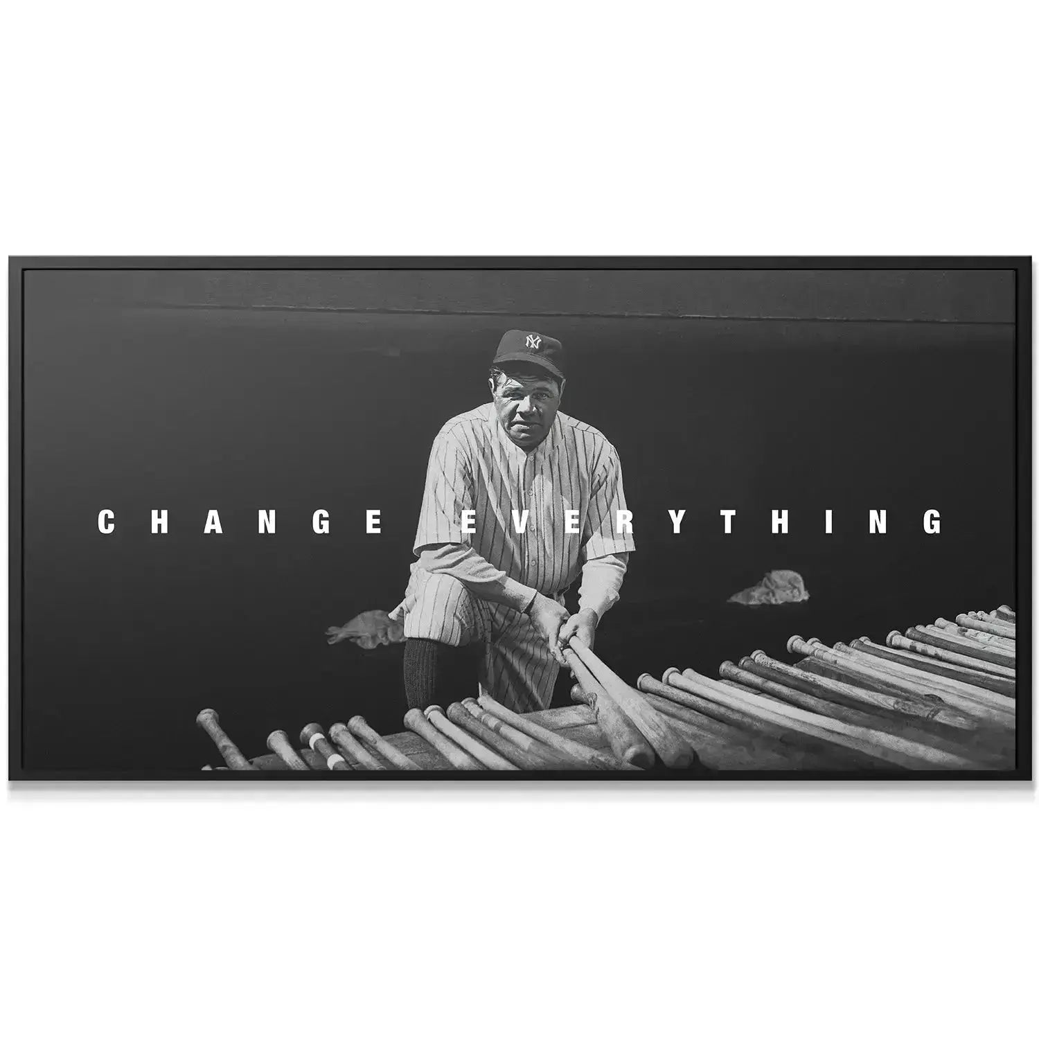 Wide shot perspective of Babe Ruth kneeling among dozens of baseball bats, reinforcing 'Babe Ruth - Change Everything'.
