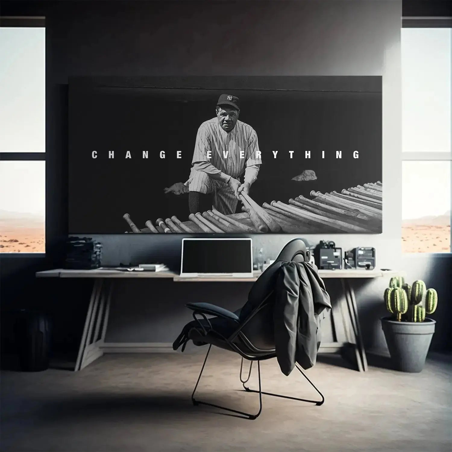Detailed view of Babe Ruth's face and Yankees cap in the inspirational artwork 'Babe Ruth - Change Everything'.