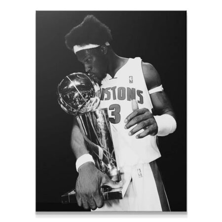 Close-up shot of Ben Wallace - #2 embracing the highly reflective championship trophy.