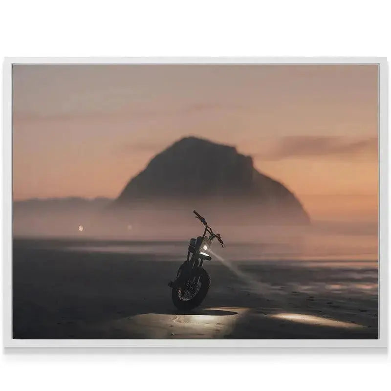 Detail of the sandy foreground texture reflecting the intense light in Blue Hour Morro artwork.