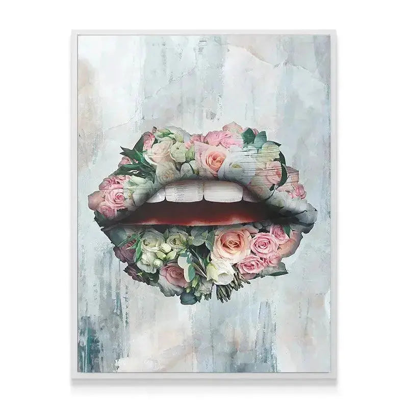 Artistic side angle showing the gallery-wrapped edge of the 'Bouquet Lips' wall hanging.