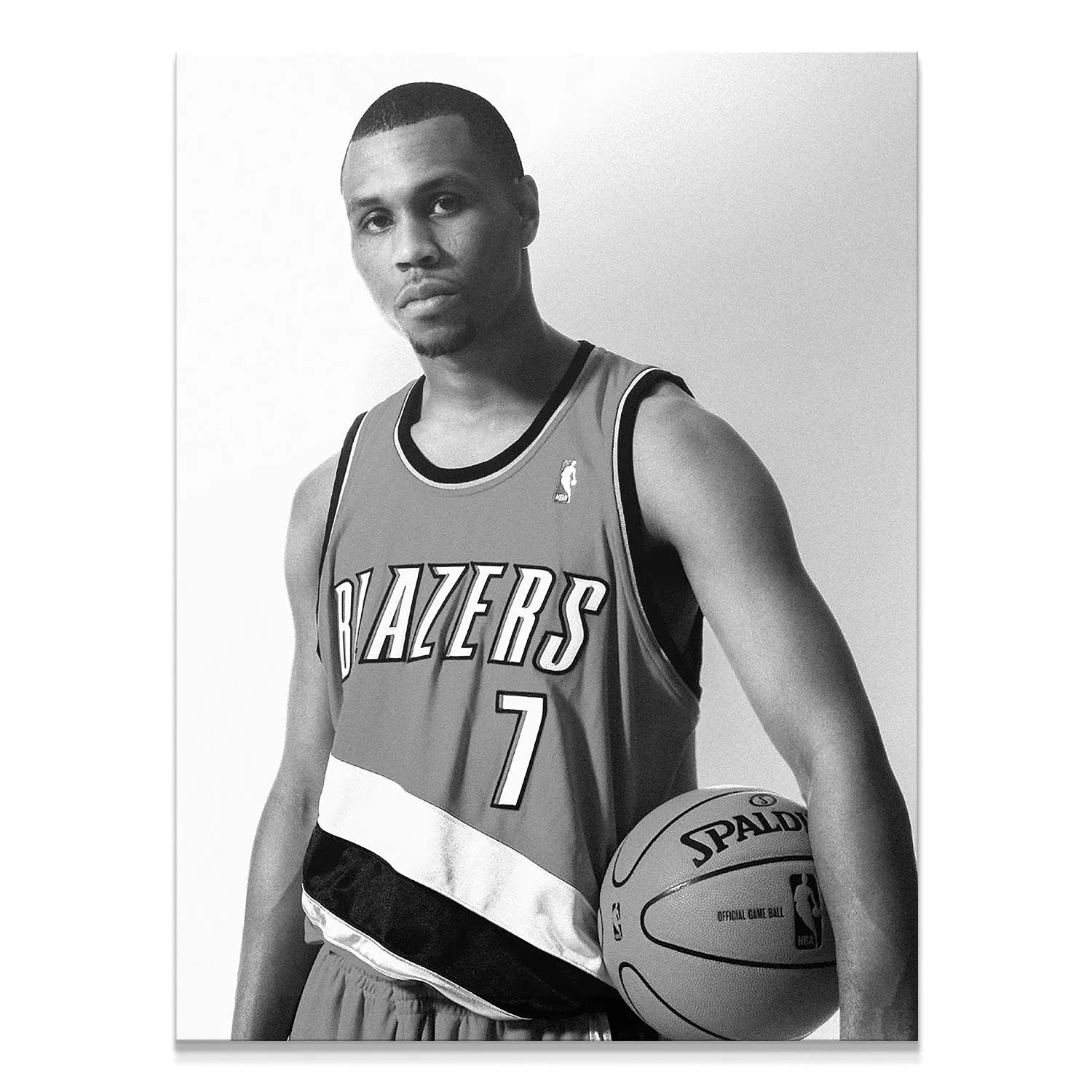 Brandon Roy - Serious, full length portrait, monochrome, holding an NBA basketball.