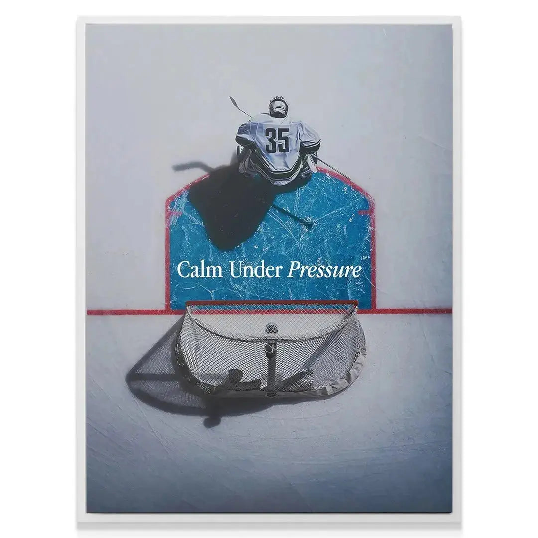 Wide shot of the white ice surface showing the full print of Calm Under Pressure (Hockey).