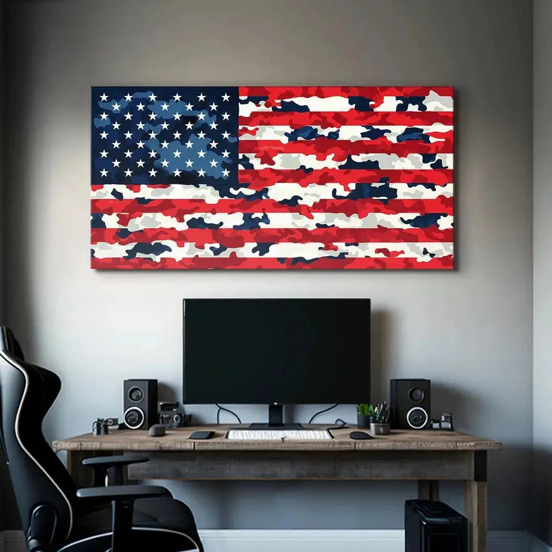 Low-angle view of the large-scale Camo USA Flag canvas mounted on a display wall