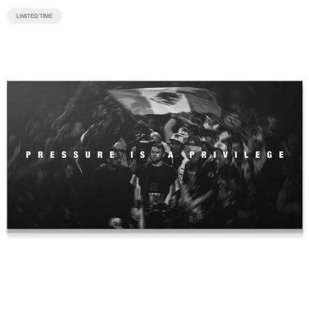Wide shot of crowd chaos and 'Canelo - Pressure Is A Privilege' text overlay.