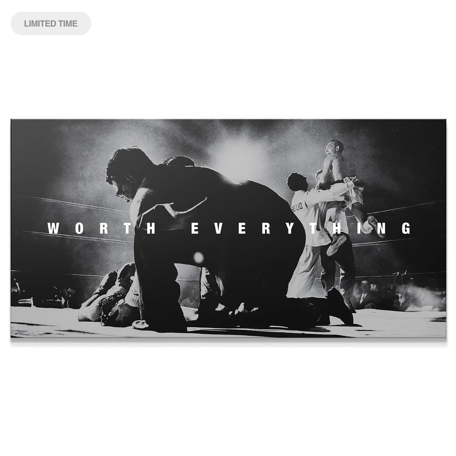 Dramatic black and white wide-angle boxing photo showing kneeling fighter and winner raised high: Carmen Basilio - Worth Everything.