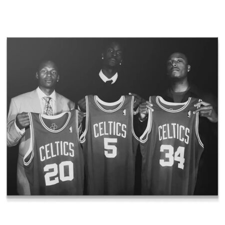 Full frontal view of KG, Pierce, and Allen holding jerseys; iconic Celtics 3 #1 photograph.