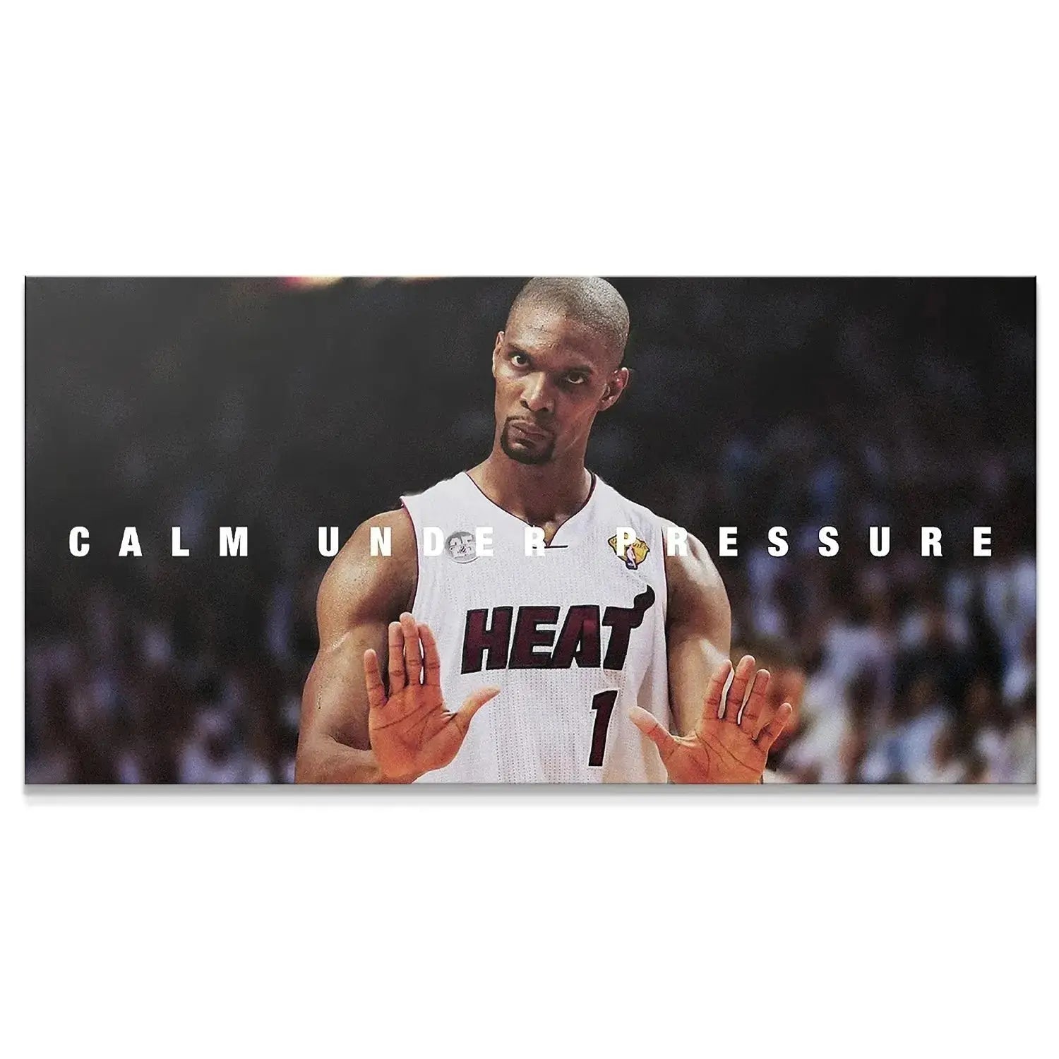 Wide shot of Chris Bosh - Calm holding his hands up in defense on the court