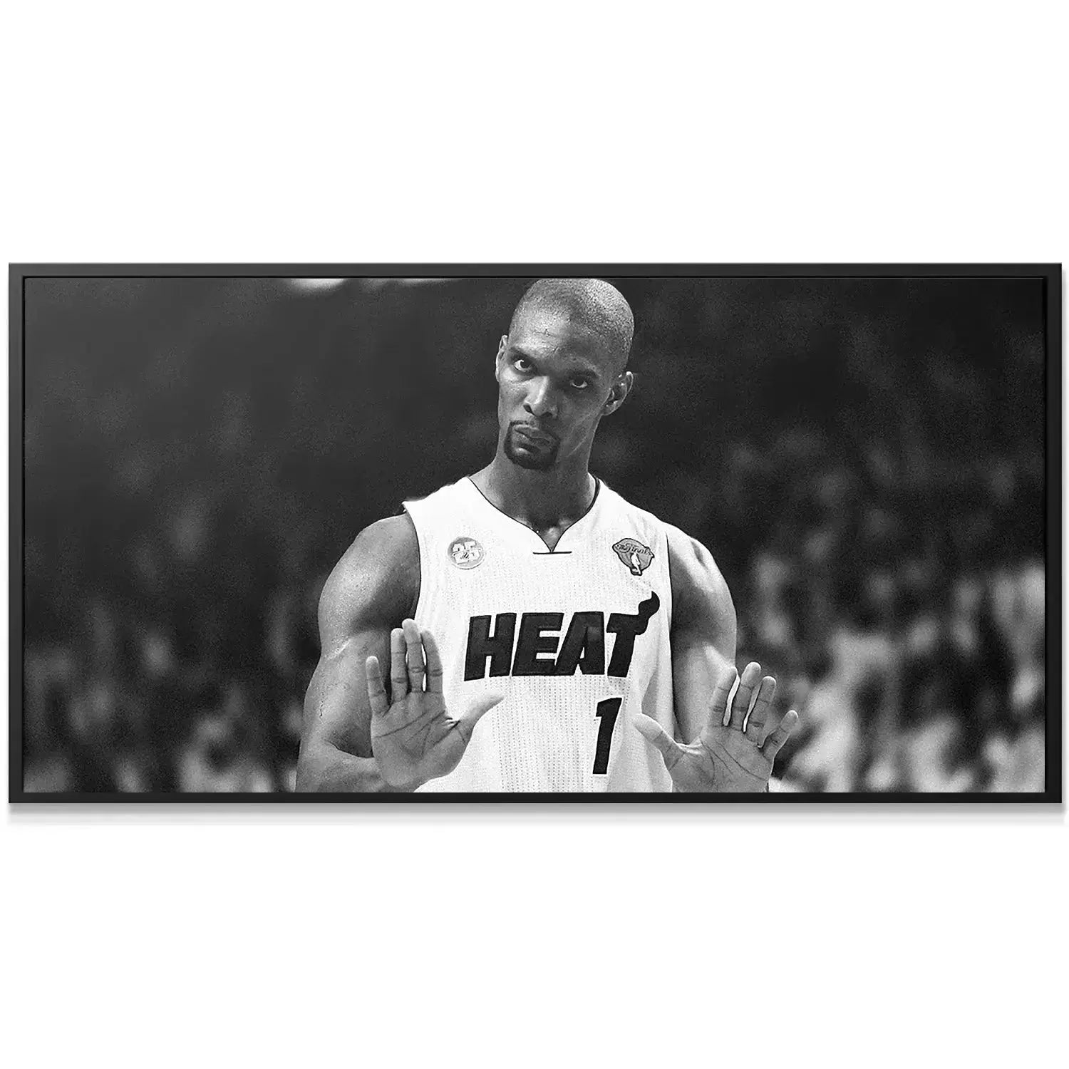 Full body shot showing Chris Bosh holding both hands out in the famous 'Chris Bosh - Calm (No Quote)' gesture.