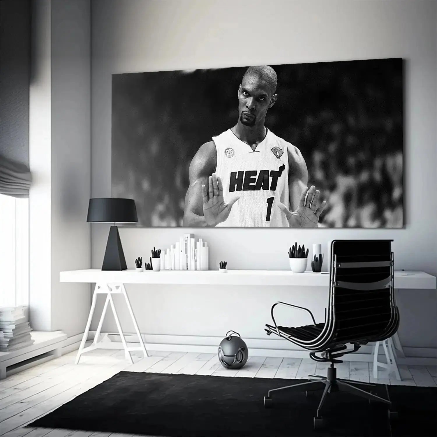 Lifestyle view of the framed print hanging on a wall, showcasing 'Chris Bosh - Calm (No Quote)' artwork.
