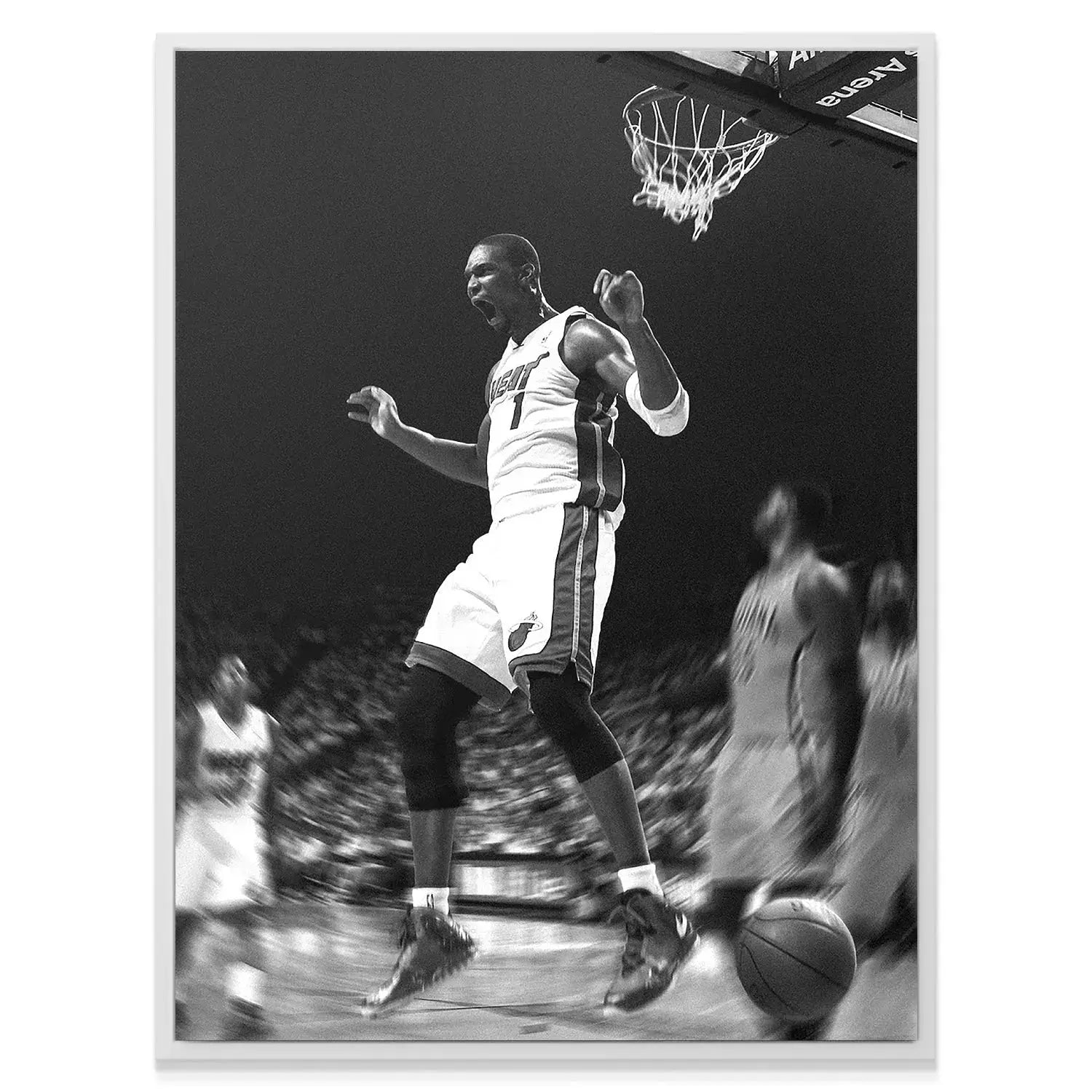 Black and white texture of the court action captured in Chris Bosh - Dunk #1 against the dark arena background.