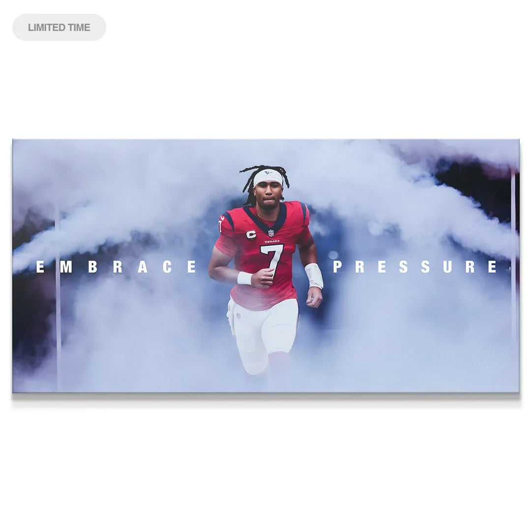 Wide shot of the professional CJ Stroud - Embrace Pressure canvas print displayed horizontally.