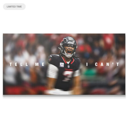 Dynamic wide-angle action shot of CJ Stroud in his Texans jersey shouting, embodying 'CJ Stroud - Tell Me I Can't'.