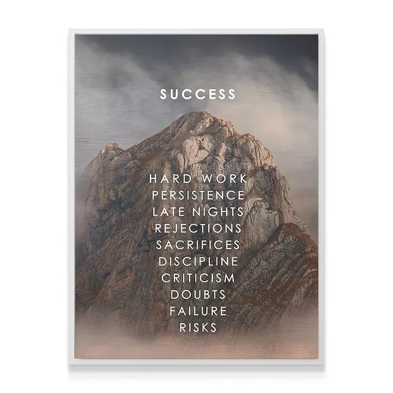 Lifestyle image showing the Climb To Success poster hanging professionally centered in a modern home office setting.