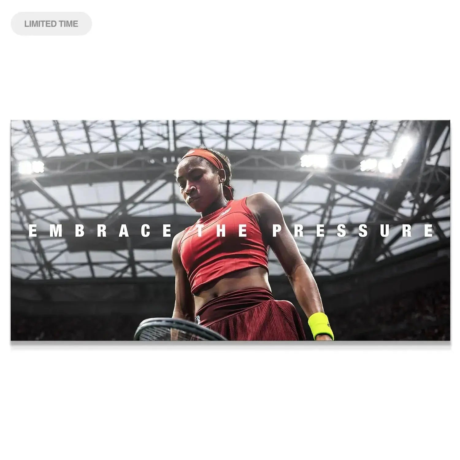 Wide shot of Coco Gauff - Embrace The Pressure under bright arena spotlights, capturing the full court atmosphere.