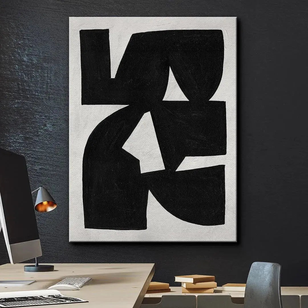 Side angle perspective showcasing the gallery wrap framing of 'Colliding Shapes Black N.1'.
