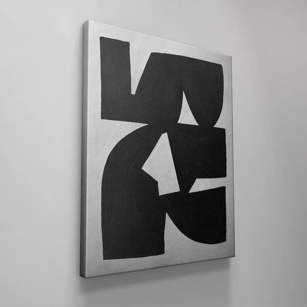 Vertical composition focus showing the dynamic geometric interaction within 'Colliding Shapes Black N.1'.