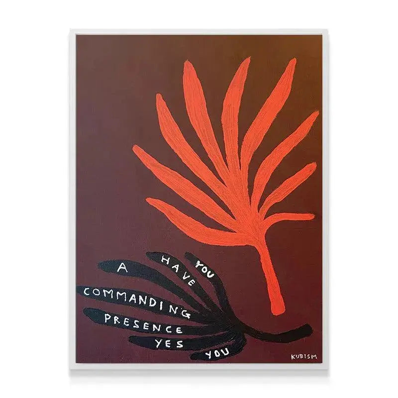 High-angle shot of the abstract red-orange botanical shape dominating the top half of Commanding Presence.