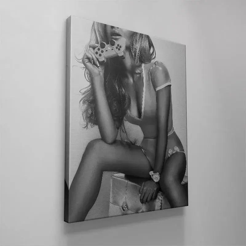 Cropped image focusing primarily on the lips and controller near the mouth, highlighting the powerful gaze of the 'Control Freak' art.