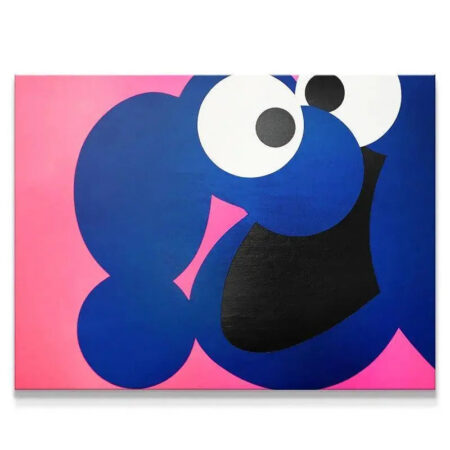 Close-up texture shot of the blue and black painted surface of the Cookie Monster artwork.