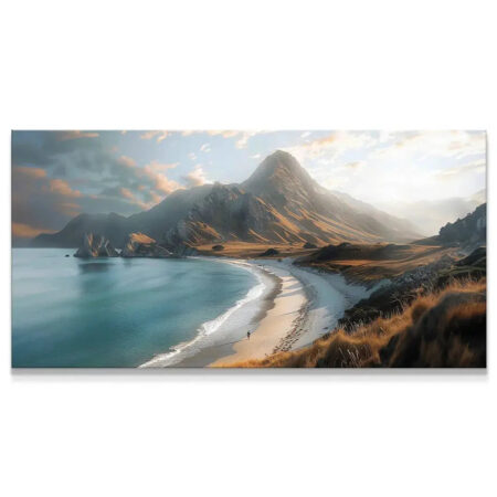 Panoramic view of the sandy Crescent Coast with towering golden mountains in dramatic lighting