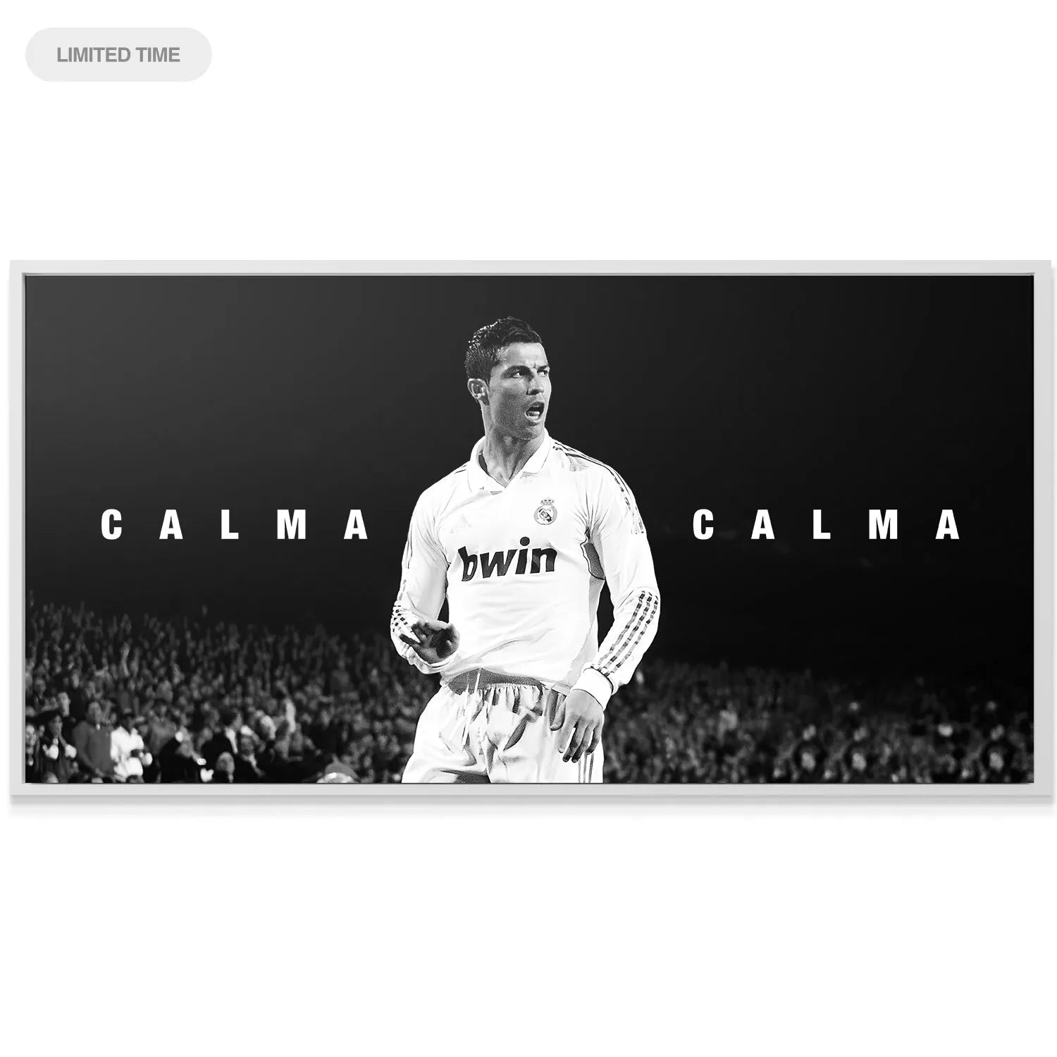 Black and white texture and contrast of the Cristiano Ronaldo - Calma Calma print focusing on the white Real Madrid jersey.