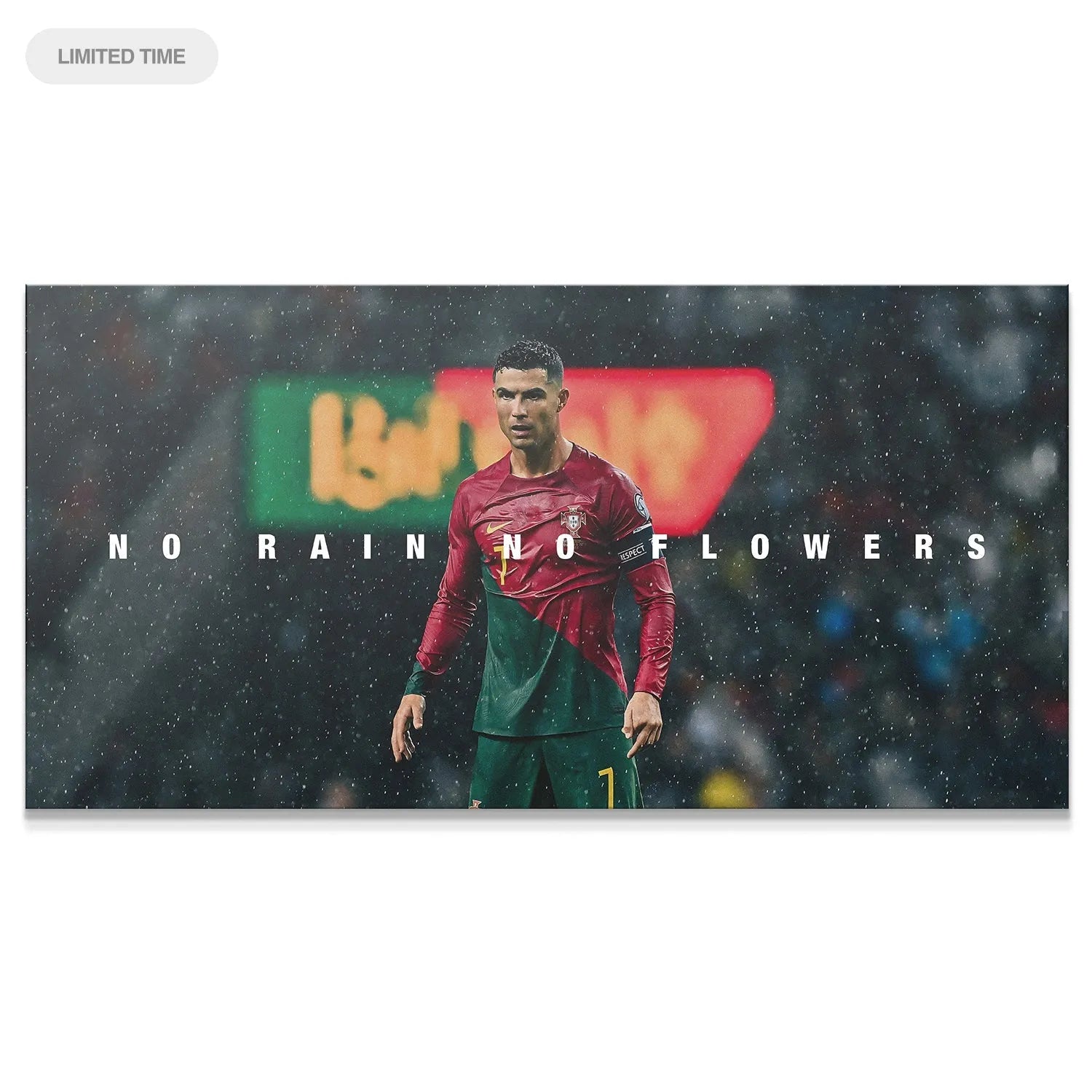 Wide shot of Cristiano Ronaldo - No Rain No Flowers poster featuring the rain and field backdrop.