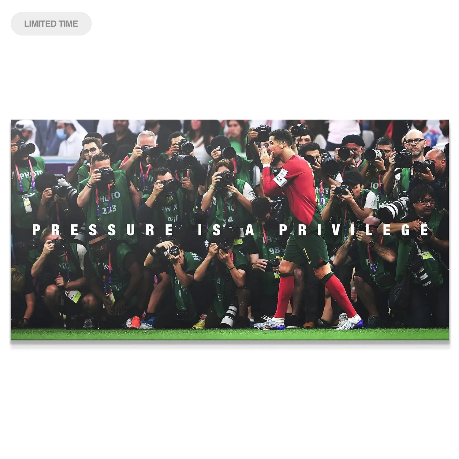 Full panoramic view of Cristiano Ronaldo - Pressure Is A Privilege poster, showing the intense media spotlight.