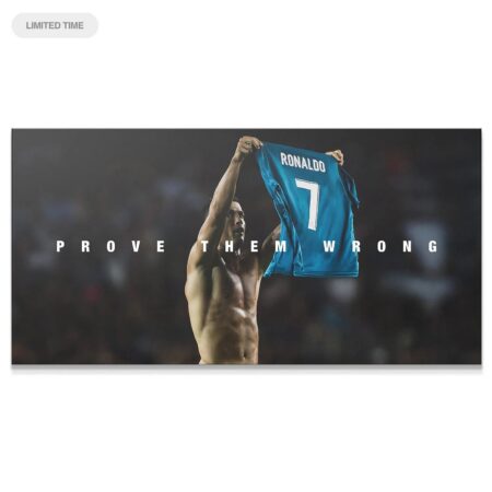 Close-up of Ronaldo's intense expression featured in the powerful Cristiano Ronaldo - Prove Them Wrong canvas art.