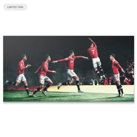 Wide-angle view of the full five-frame Cristiano Ronaldo - SIU - Sequence captured under intense stadium lights.