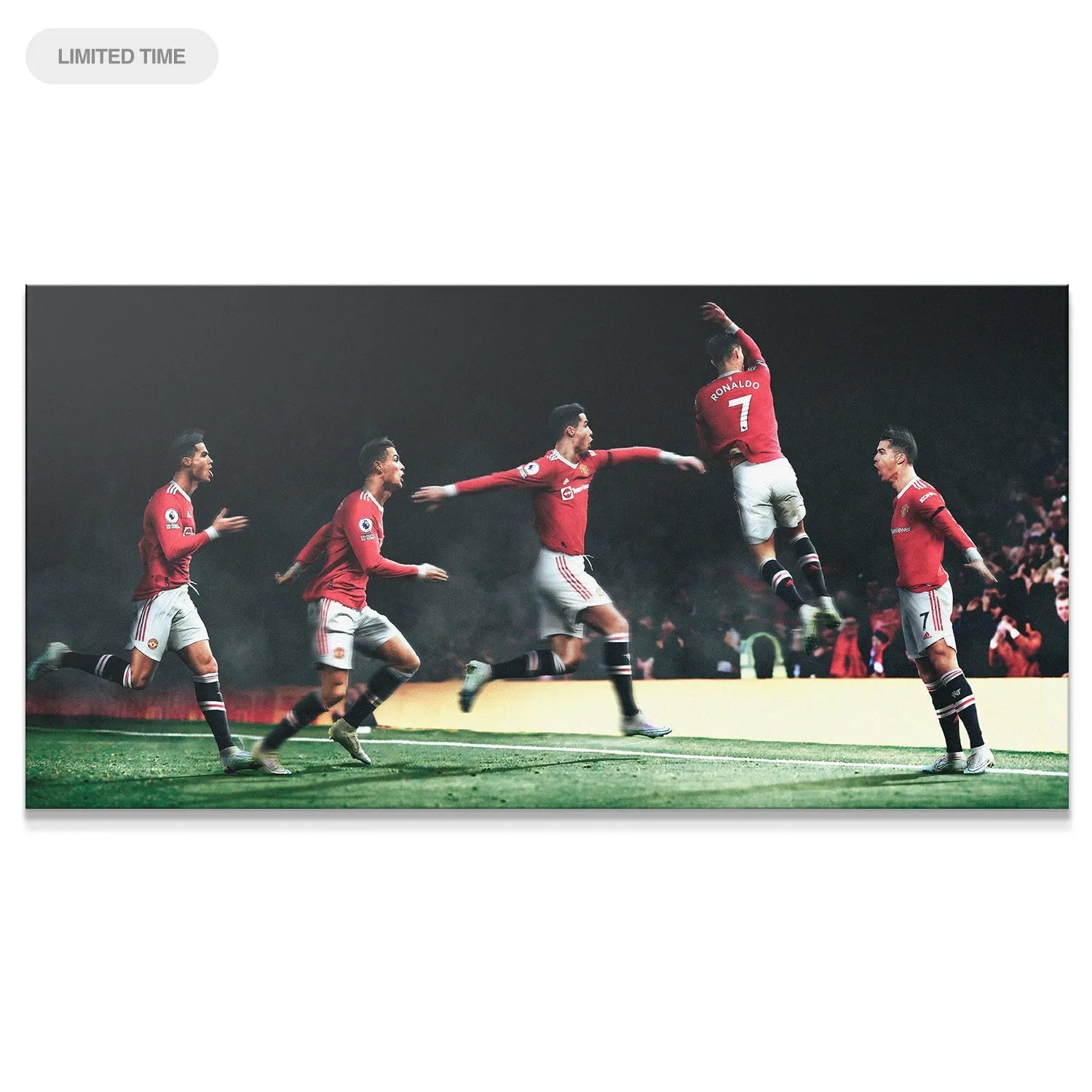 Wide-angle view of the full five-frame Cristiano Ronaldo - SIU - Sequence captured under intense stadium lights.