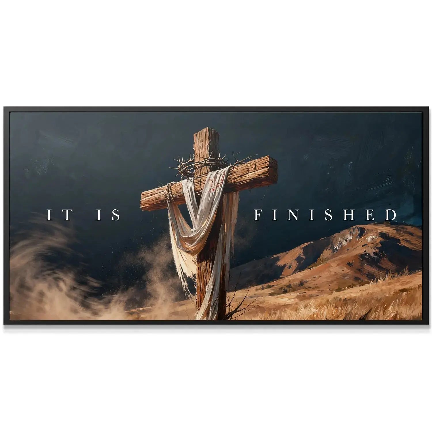 Full-view artwork of the 'Cross – It Is Finished' scene featuring the dark, stormy sky background.