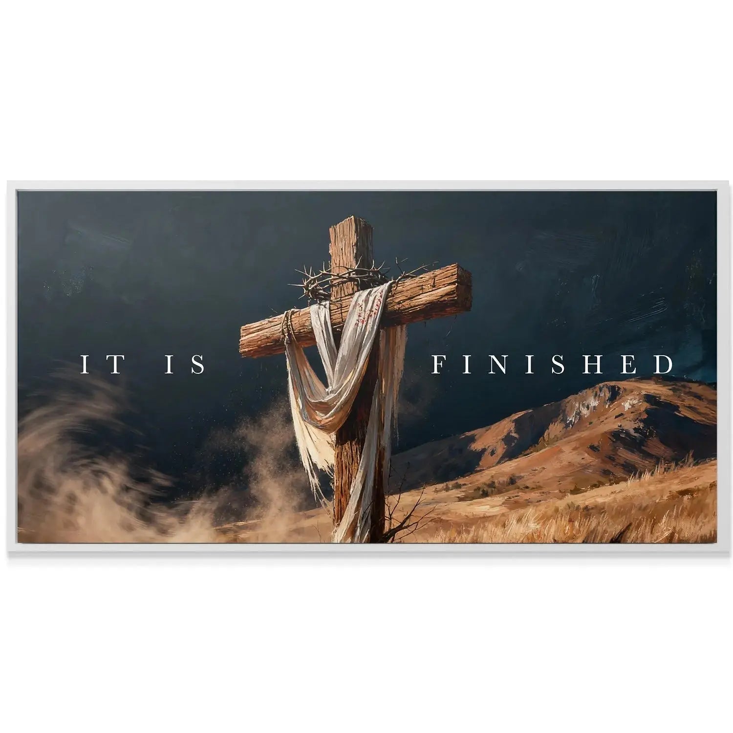 The crown of thorns detail resting on the cross beam in the powerful 'Cross – It Is Finished' image.