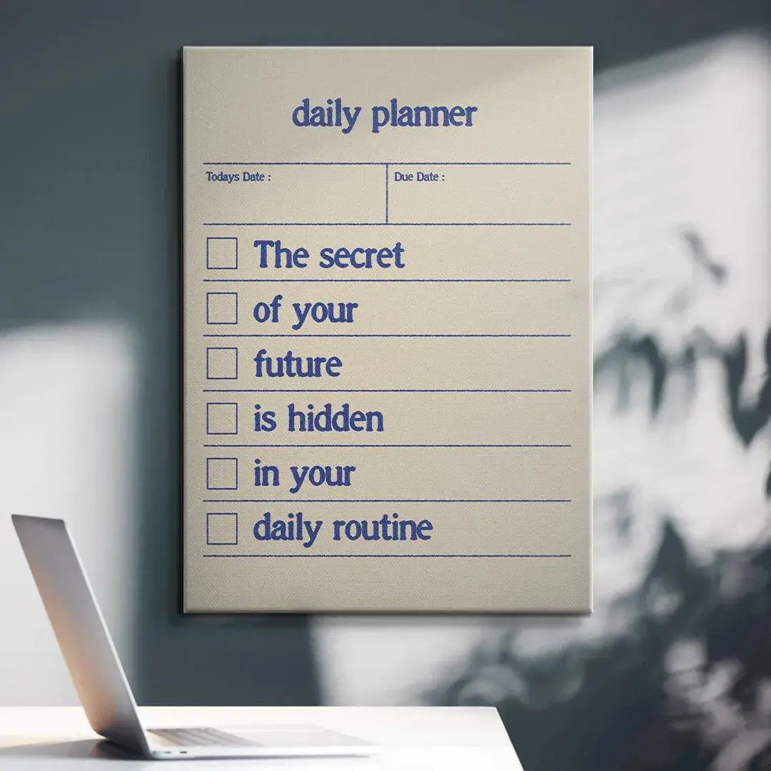 Lifestyle shot of the Daily Planner placed next to a pen and coffee cup on a modern desk setup.