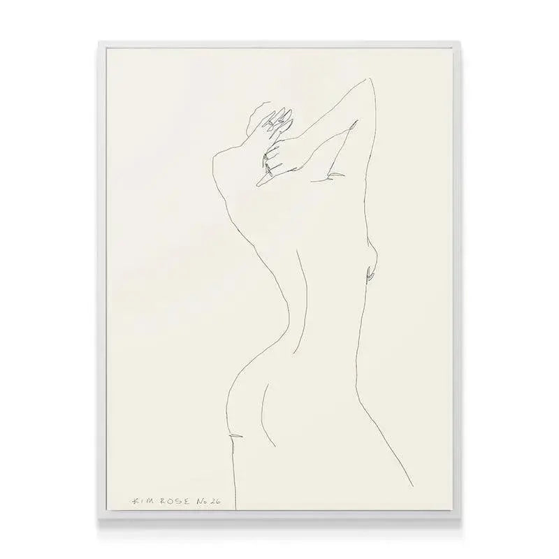 Lifestyle shot featuring the framed figure study print Daisy No 26 - White above a modern wooden dresser.