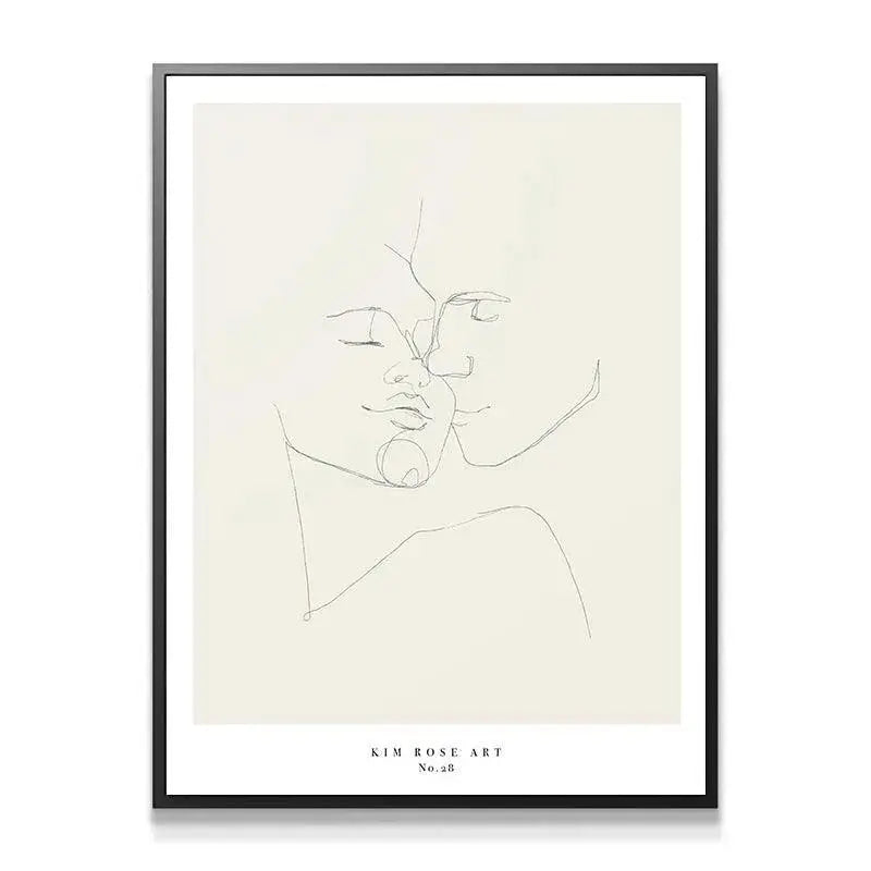 Abstract depiction of a couple kissing or touching foreheads, Kim Rose Art print Daisy No 28 - White.
