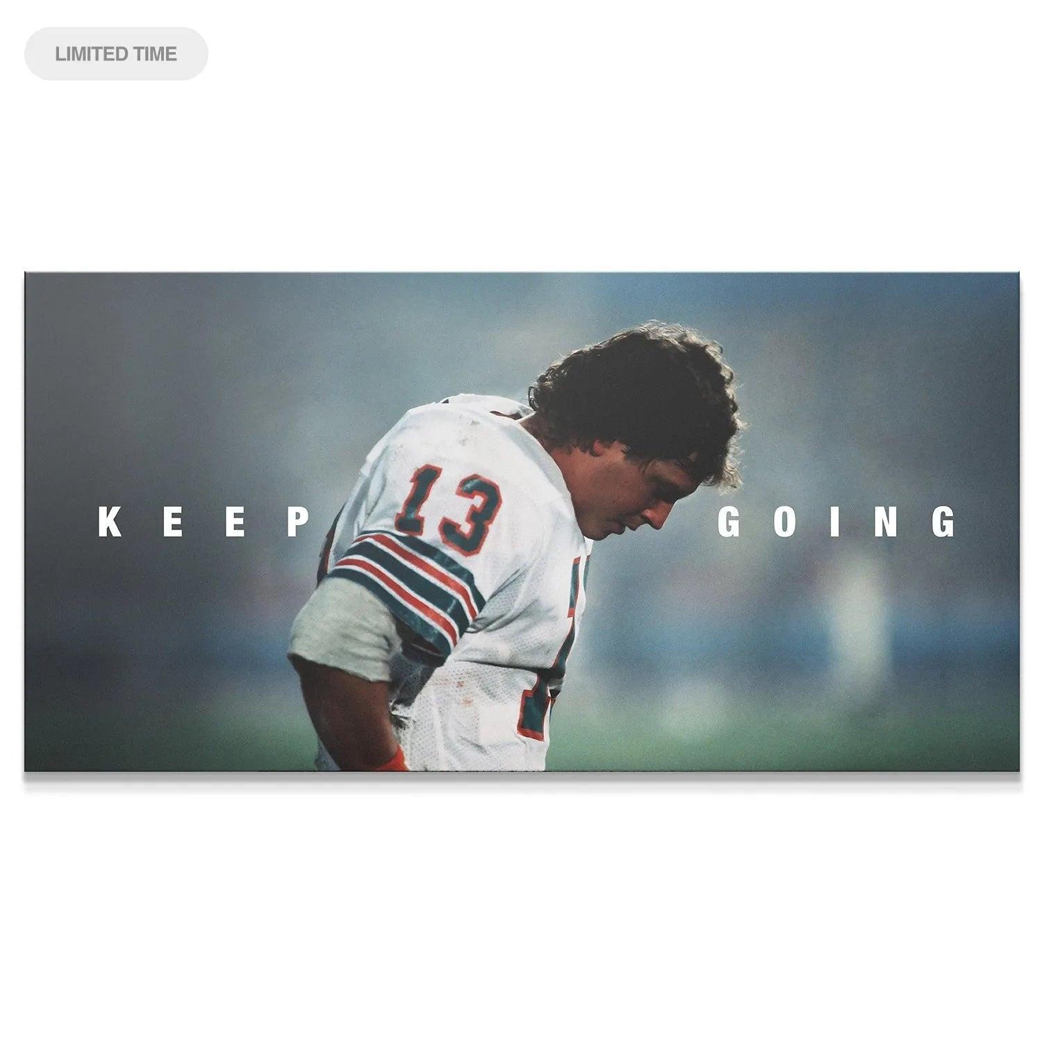 Close-up of Dan Marino's face and helmet number 13 jersey featuring the 'Dan Marino - Keep Going' text overlay.