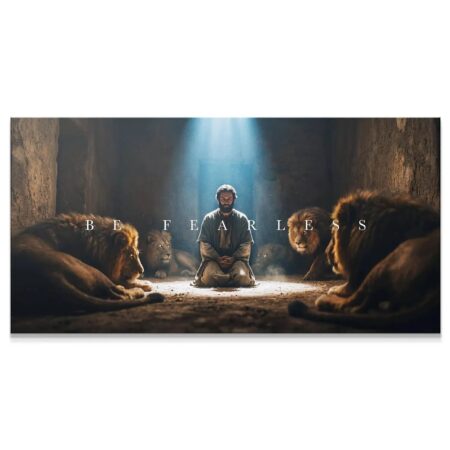 Dramatic low-angle shot of Daniel In The Lions’ Den – Be Fearless, emphasizing the size of the surrounding lions.
