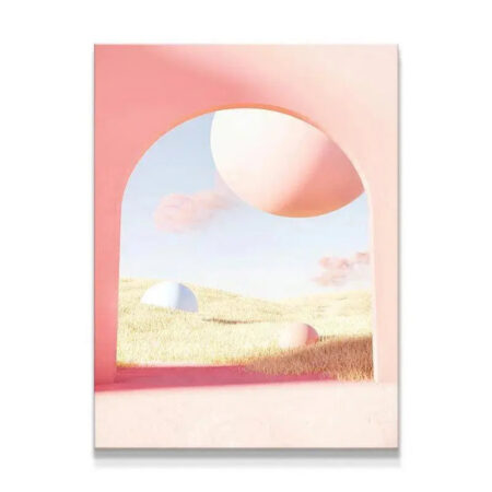 Surreal digital art print titled Dario - Beginning showing a pink architectural archway portal.