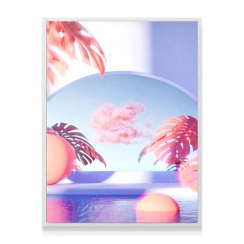 Lifestyle shot of Dario- Paradise hanging above a minimalist white sofa in a modern apartment.