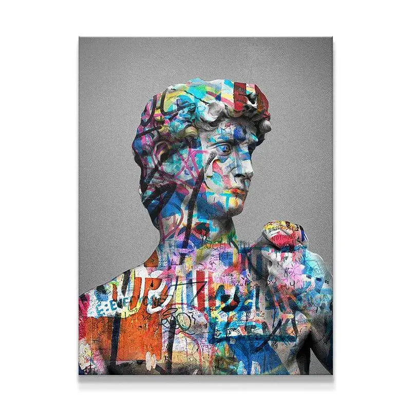 Close-up view of the eye area on the David Vandal print showing blue and pink graffiti overlays.
