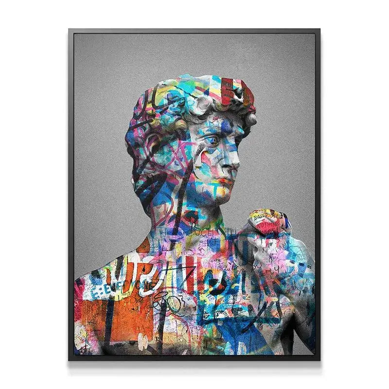 Side profile of the David Vandal bust against the solid grey background, highlighting the street art texture.