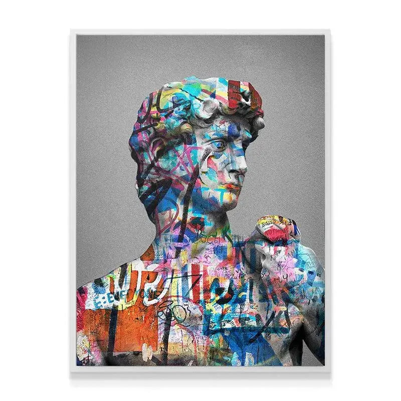 Full canvas of the David Vandal artwork displayed in a minimalist, modern living room setting.