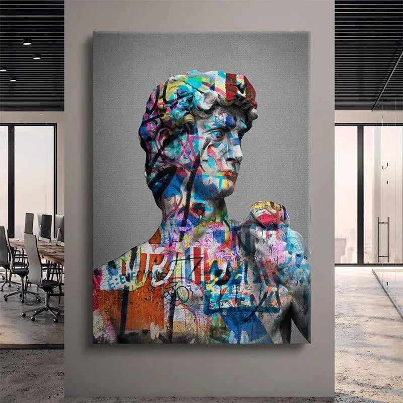 Detail of the vibrant spray paint tags and layered texture covering the shoulder area of the David Vandal image.