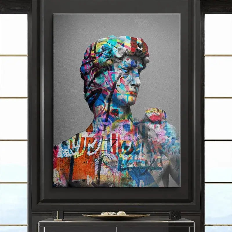 Artistic rendering of Michelangelo's statue transformed into the bold, colorful composition known as David Vandal.